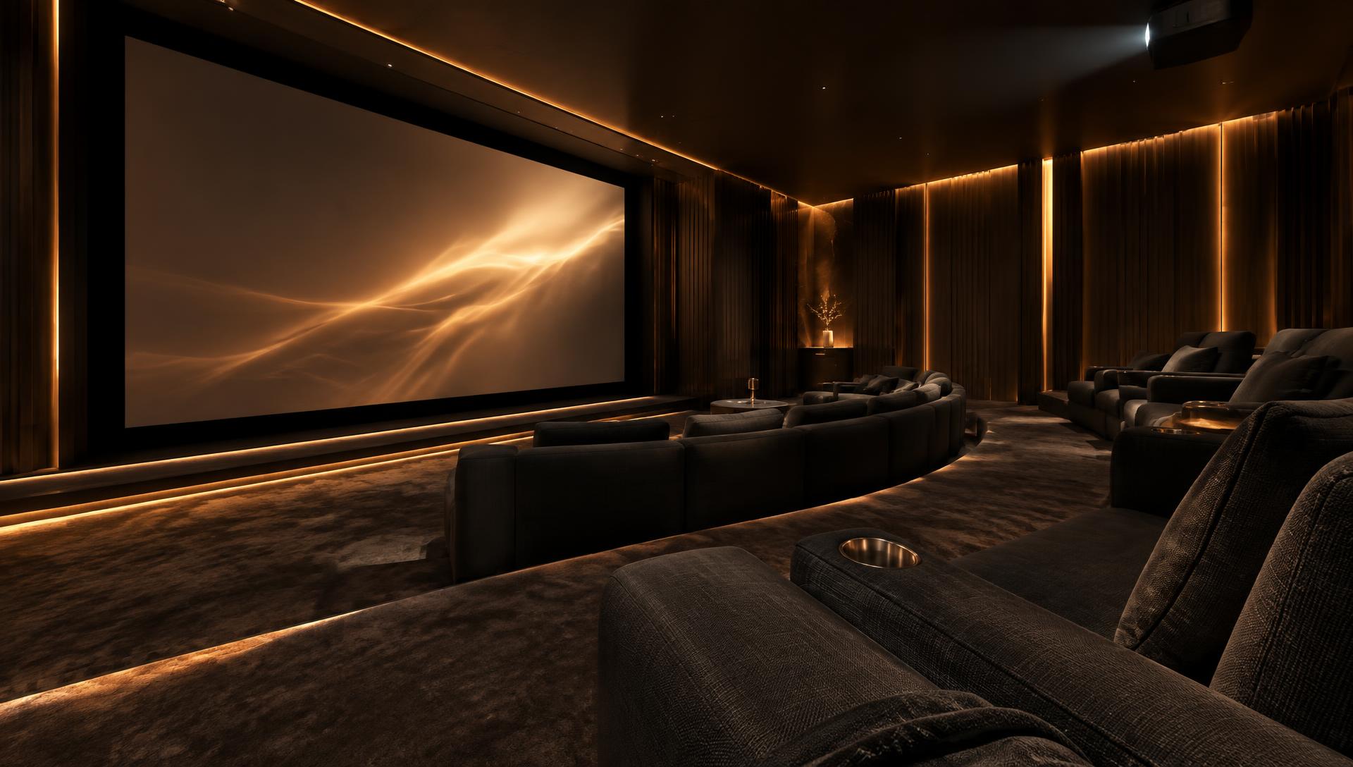 A cinematic home theater glowing with warm light